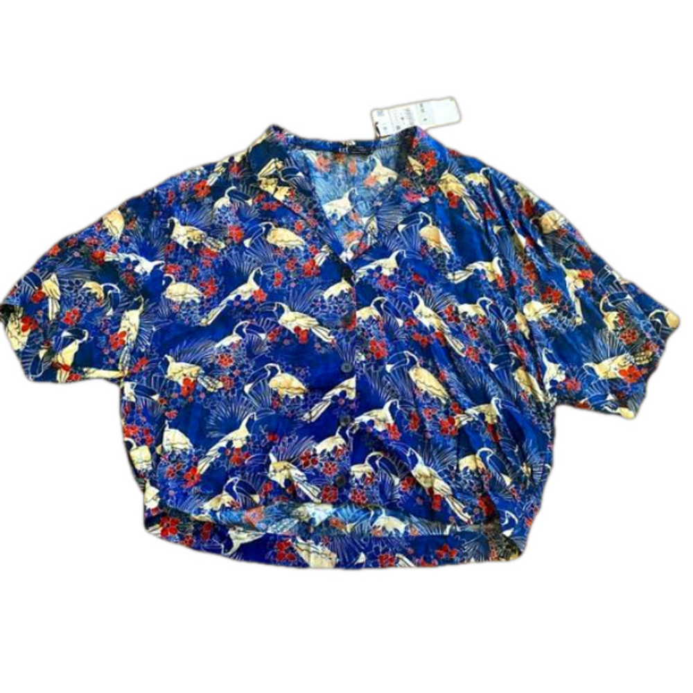 NWT Zara TRF Blue Crane Floral Print Cropped Camp Shirt M